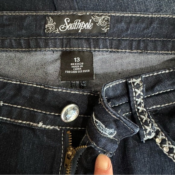 South Pole Dark Wash Rhinestone Bling Flap Pocket Heavy Stitch Bootcut Jeans - Picture 7 of 8